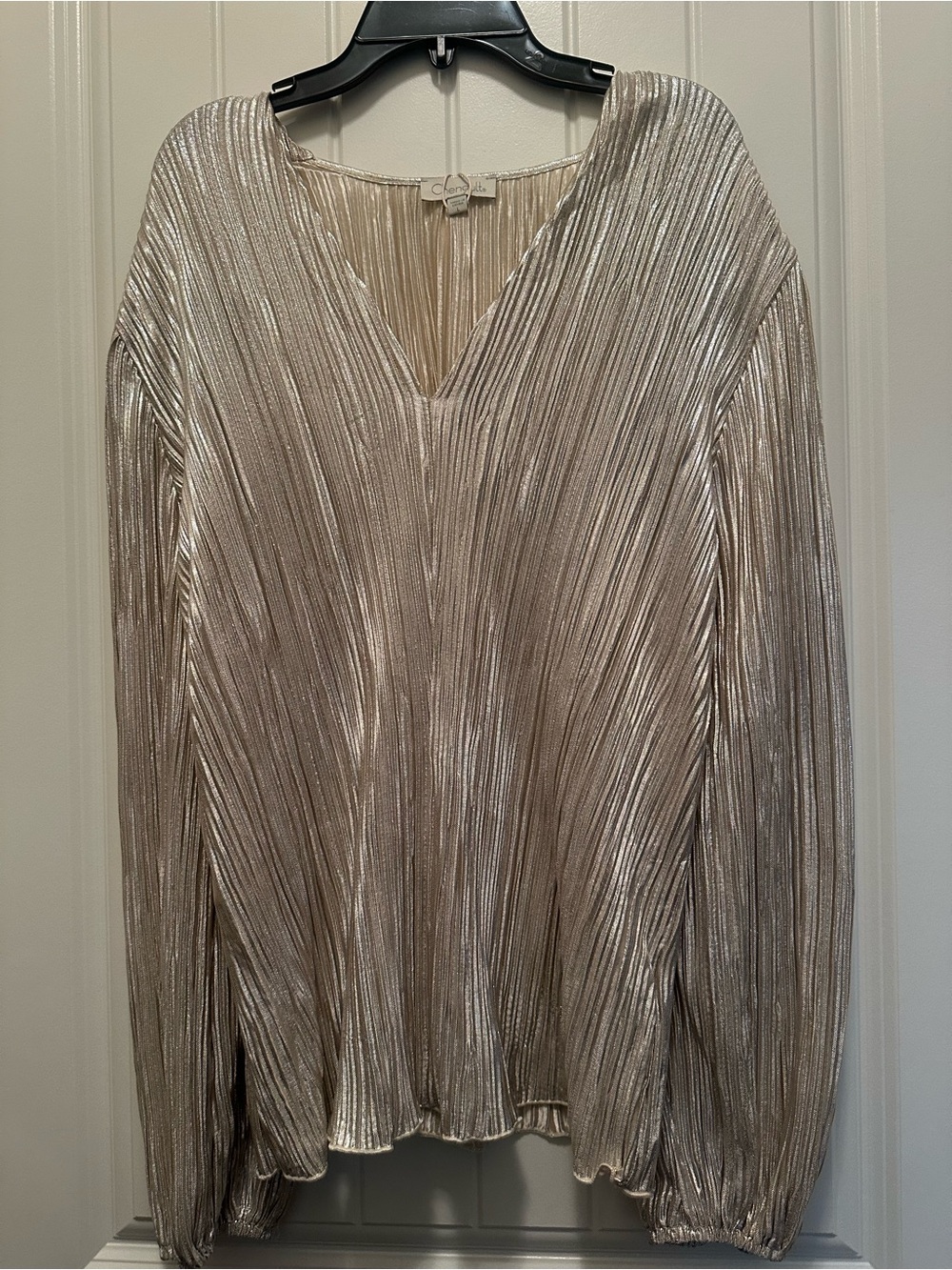 Chic Metallic Pleated V-Neck Blouse (Never Worn)